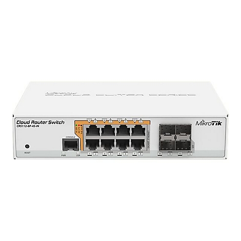 Weißer MikroTik Cloud Router Switch CRS112-8P-4S-IN mit 8 Ethernet- und 4 SFP-Ports auf weißem Hintergrund.