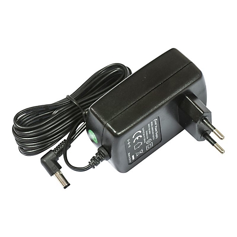 Schwarzes Netzteil mit Eurostecker, Kabel und grÃ¼nem Einschalter.
