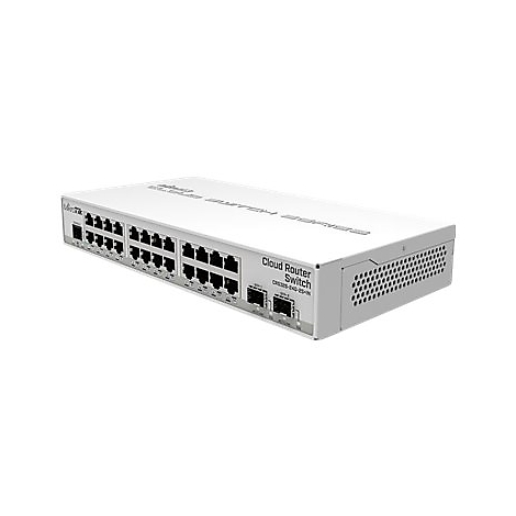 Ein weiÃŸer Cloud Router Switch, vorne mit AnschlÃ¼ssen, beschriftet mit Cloud Router Switch.