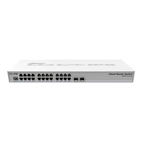 Weißer MikroTik Cloud Router Switch CRS326-24G-2S+RM mit vielen LAN-Anschlüssen vor weißem Hintergrund.