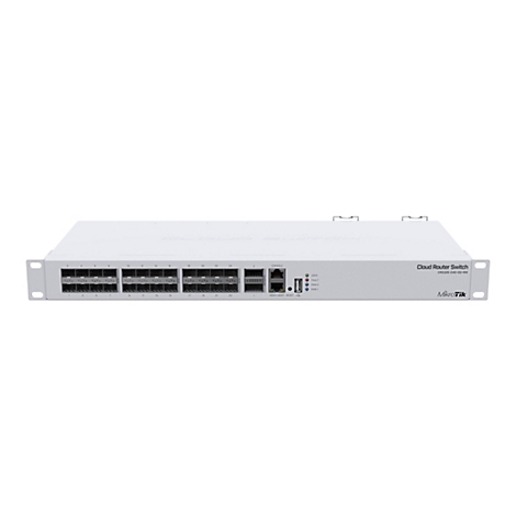 Weißer MikroTik Cloud Router Switch CRS326-24S+2Q+RM mit zahlreichen SFP- und QSFP-Anschlüssen vor weißem Hintergrund.