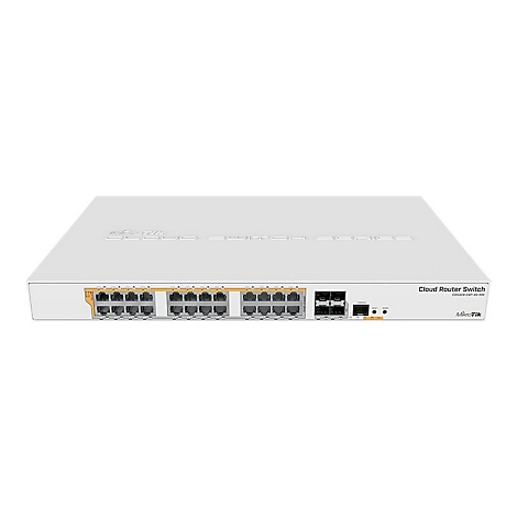 MikroTik Cloud Router Switch CRS328-24P-4S-RM in einem weißen Gehäuse vor neutralem Hintergrund.