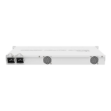 Rückseite eines weißen MikroTik Netzwerk-Switches mit zwei Stromanschlüssen und zwei Lüftergittern.