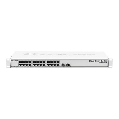 Weißer MikroTik Cloud Smart Switch mit zahlreichen Anschlüssen vor hellem Hintergrund.