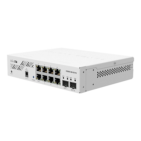 Weißer MikroTik Netzwerk-Switch CSS610-8G-2S+IN mit acht Ethernet-Ports und zwei SFP-Plus-Steckplätzen.