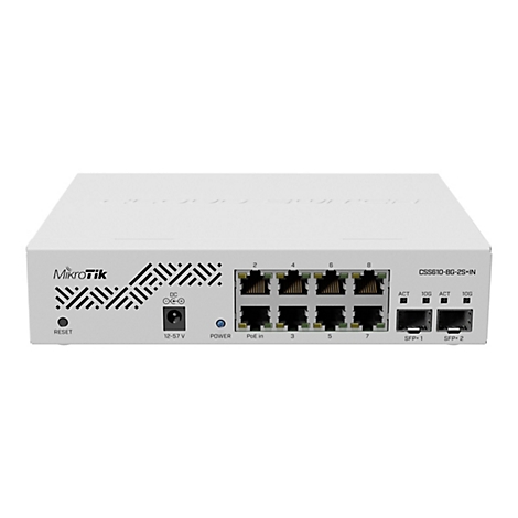 Weißer MikroTik Cloud Switch CSS610-8G-2S+IN mit acht Ethernet-Ports und zwei SFP-Plus-Steckplätzen.