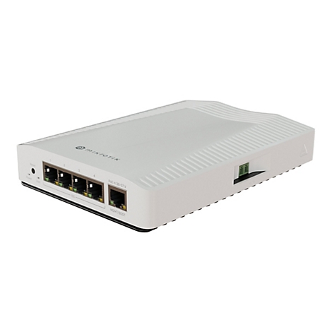 Ein weißer Router mit mehreren Anschlüssen und dem Logo von Mikrotik. Auf der Oberfläche befinden sich Anschlüsse, darunter Reset, Power und User.