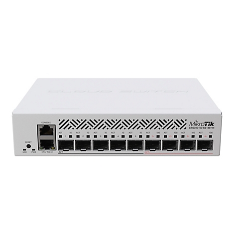 Weißer MikroTik Cloud Switch mit zahlreichen Ethernet- und SFP+-Ports auf der Vorderseite.