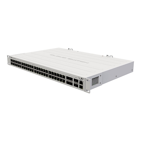 Weißer MikroTik Cloud Switch CRS354 in der Frontalansicht mit zahlreichen Ethernet- und SFP-Ports.