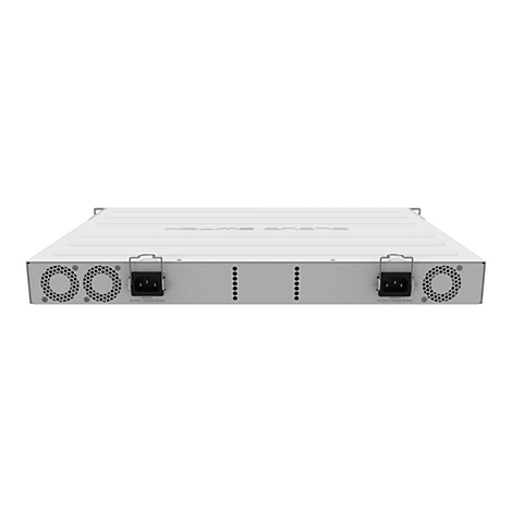 Rückseite eines weißen Cloud-Switches mit zwei Netzteileingängen und zwei Lüftern vor neutralem Hintergrund.