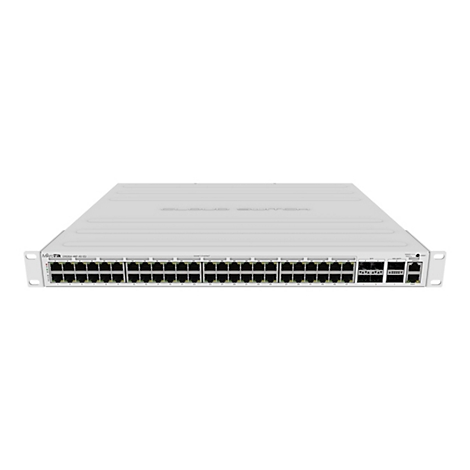 Weißer Mikrotik CRS354 Netzwerk-Switch mit zahlreichen Anschlüssen in der Frontansicht.