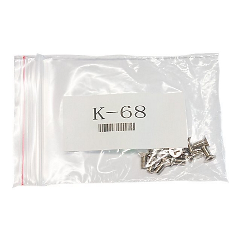 Transparenter Kunststoffbeutel mit Metallschrauben und einem Aufkleber mit der Aufschrift K-68 und Barcode.