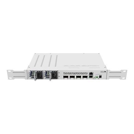 Grauer MikroTik CRS504-4XQ IN Netzwerk-Switch mit vier Ports und zwei Netzteileinschüben vor weißem Hintergrund.