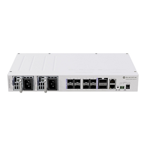 Weißer MikroTik CRS510-8XS-2XQ-IN Netzwerk-Switch mit verschiedenen Anschlüssen auf der Vorderseite.