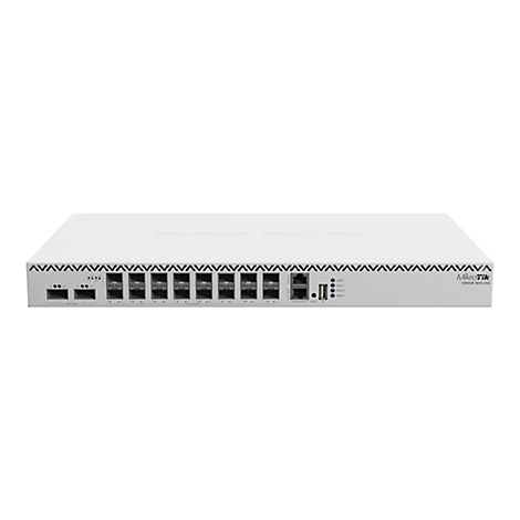 Weißer MikroTik Cloud Router Switch mit zahlreichen Netzwerkanschlüssen vor weißem Hintergrund.