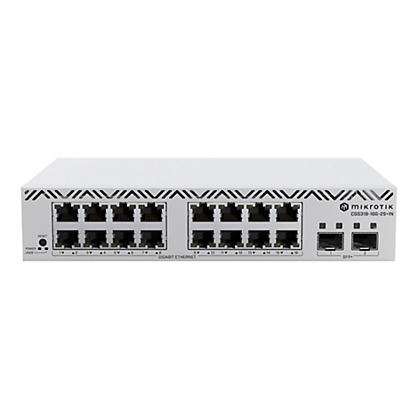 Weißer MikroTik Netzwerk-Switch CSS318-16G-2S+IN mit 16 Gigabit-Ethernet-Ports und 2 SFP+-Steckplätzen.
