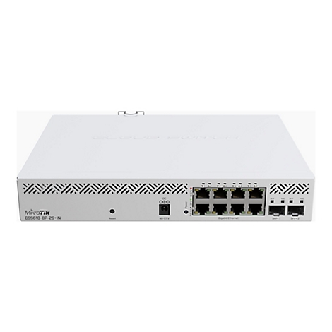 Weißer MikroTik Cloud Switch CSS610-8P-2S+IN mit Ethernet- und SFP+-Ports auf weißem Hintergrund.