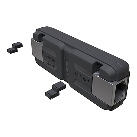 Schwarzer PoE-Adapter mit Anschlüssen für PoE in und PoE out, isoliert auf weißem Hintergrund.