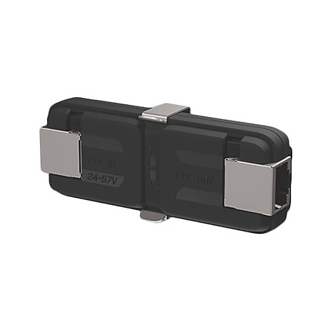 Schwarzer PoE-Injektor mit zwei LAN-Anschlüssen vor neutralem Hintergrund.