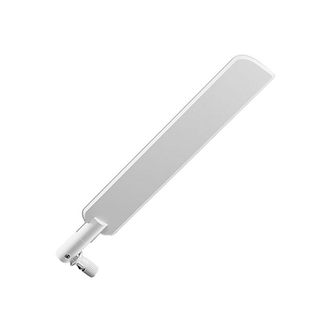 Weiße, längliche WLAN-Antenne mit Gelenkfuß vor weißem Hintergrund.