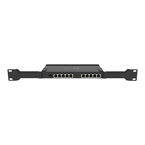 Schwarzer MikroTik-Netzwerk-Switch mit Rack-Montagewinkeln vor weißem Hintergrund.