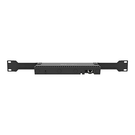 Schwarzer Netzwerk-Switch mit Rack-Montagewinkeln auf weißem Hintergrund.