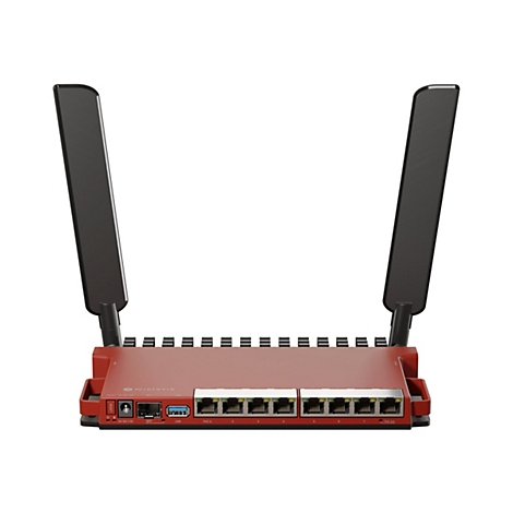 Ein rotes Router Gerät mit zwei schwarzen Antennen steht auf weißem Hintergrund. Auf der Vorderseite befinden sich mehrere Ports und Anschlüsse.
