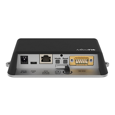 Rückseite eines schwarzen MikroTik-Routers mit Strom-, Ethernet-, SIM- und RS232-Anschlüssen vor weißem Hintergrund.