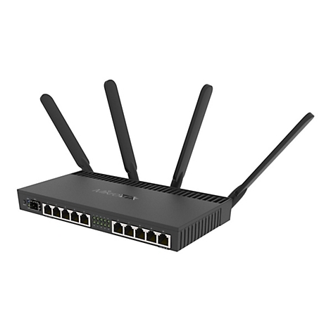 Ein schwarzer Router mit mehreren Antennen und AnschlÃ¼ssen.