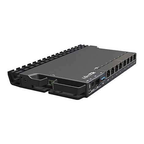 Schwarzer Router mit Ethernet-Anschlüssen, der von MikroTik hergestellt wurde. Das Gerät hat eine kantige Form und eine Textur auf der Oberseite.