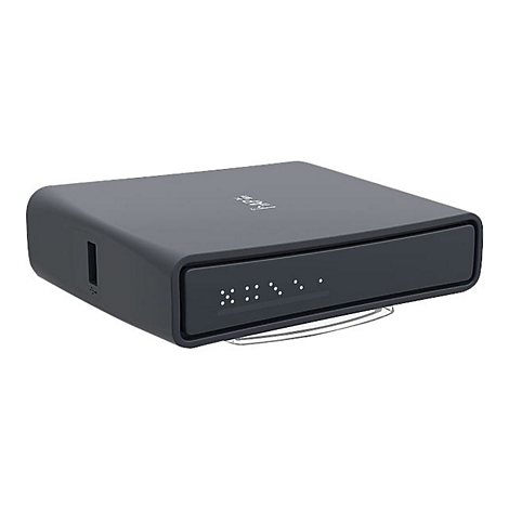 Dunkelgraue Set-Top-Box mit abgerundeten Ecken und beleuchtetem Display. Logo oben rechts.