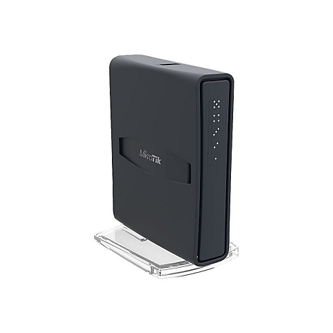 Schwarzer Mikrotik Router auf transparentem StÃ¤nder. Logo. Auf der Vorderseite befinden sich Leuchtpunkte.