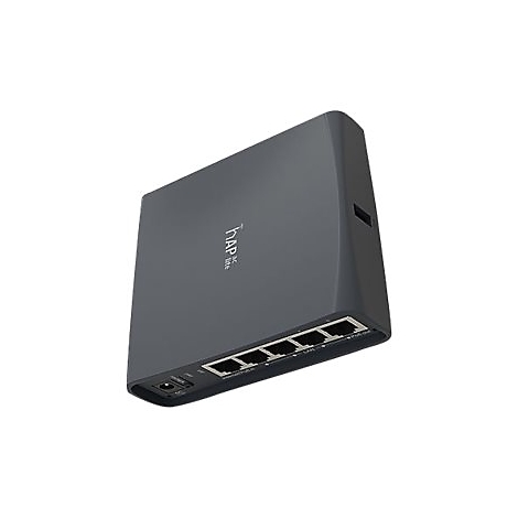 Dunkelgrauer Netzwerk-Router mit AnschlÃ¼ssen. 'hAP ac lite' ist auf der OberflÃ¤che zu sehen.