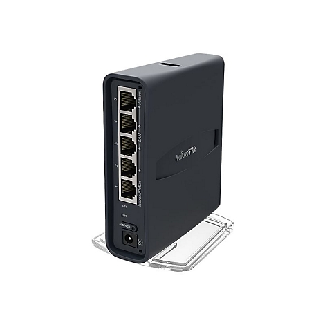 Dunkelgrauer Router mit mehreren Ethernet-AnschlÃ¼ssen, Logo von Mikrotik, auf einem transparenten Sockel.