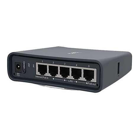 Ein dunkelgrauer Netzwerk-Switch mit fÃ¼nf LAN-AnschlÃ¼ssen und Bezeichnung. Auf der linken Seite befinden sich AnschlÃ¼sse fÃ¼r Strom und Reset.
