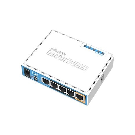 Ein weiÃŸer Router mit blauen Akzenten liegt auf einem weiÃŸen Hintergrund. Er hat mehrere AnschlÃ¼sse und die Aufschrift MikroTik RouterBOARD.
