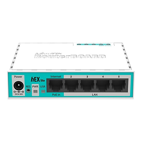 WeiÃŸer Router, blaugrÃ¼ne Akzente, AnschlÃ¼sse, Schriftzug 'RouterBOARD'.