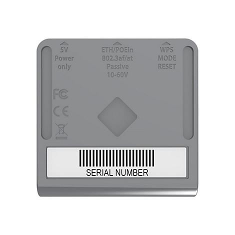 Graues elektronisches GerÃ¤t mit Aufschriften wie '5V', 'ETH/PoE', und einem Barcode mit 'SERIAL NUMBER'.