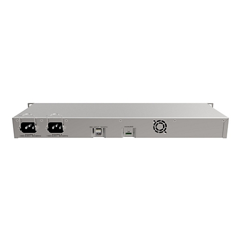 Grauer Server von hinten, mit AnschlÃ¼ssen fÃ¼r Strom, USB und LÃ¼fter.