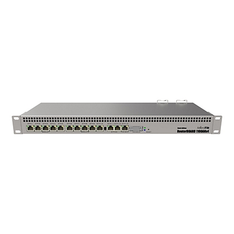 Ein grauer Router mit zahlreichen AnschlÃ¼ssen auf weiÃŸem Hintergrund. Schriftzug: RouterBOARD 1100AHx4.