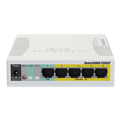 WeiÃŸes Routerboard 260GSP. Auf der Vorderseite befinden sich AnschlÃ¼sse, Kontrollleuchten und der Schriftzug RouterBOARD 260GSP.