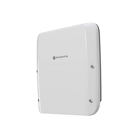 Weißes, rechteckiges MikroTik Outdoor-Gerät mit abgerundeten Ecken und Logo auf der Vorderseite.