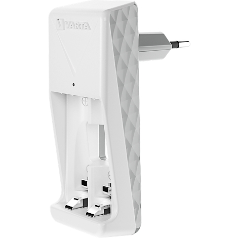 White battery charger with Varta logo, plug and charging slots.