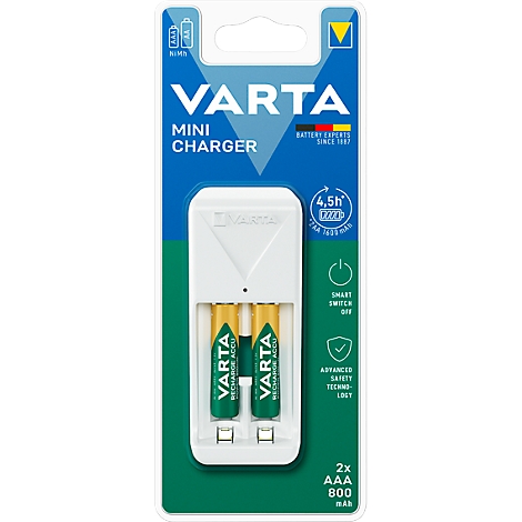A white Varta Mini Charger package with two yellow batteries inserted in a white charger. The package is blue and has text.