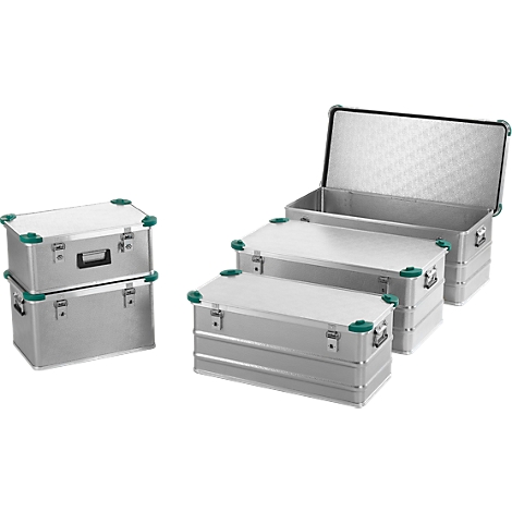 Several aluminum cases with green corners and closures, one open, stacked.