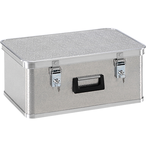 Silver transport box with two latches and a black handle. The box has a ribbed surface.