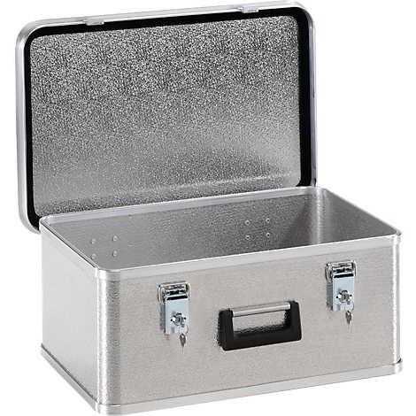 Open silver suitcase with handle and two locks.