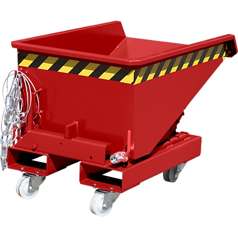Bac basculant rouge à roulettes, bandes d'avertissement noires et jaunes, avec chaîne. Pour déchets ou matériaux.