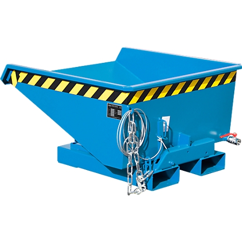 Conteneur basculant bleu avec rayures d'avertissement jaunes et noires. Chaîne et robinet sur le conteneur.