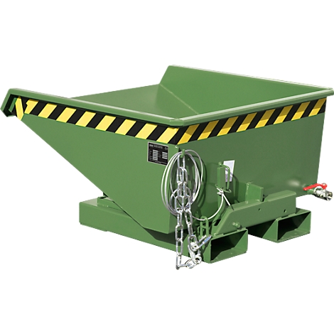 Conteneur basculant vert avec bandes d'avertissement noires et jaunes. Chaîne et robinet.
